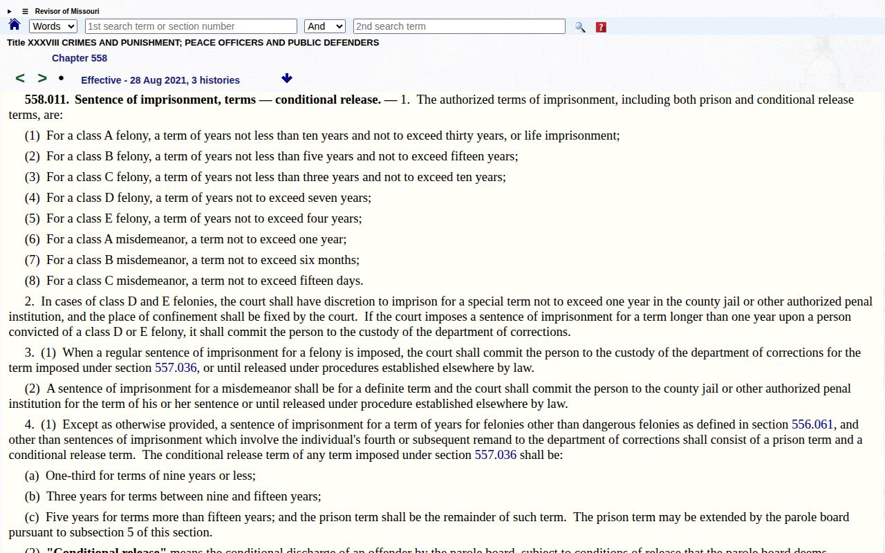 Missouri conditional release sentence structure in RSMo section 558.011