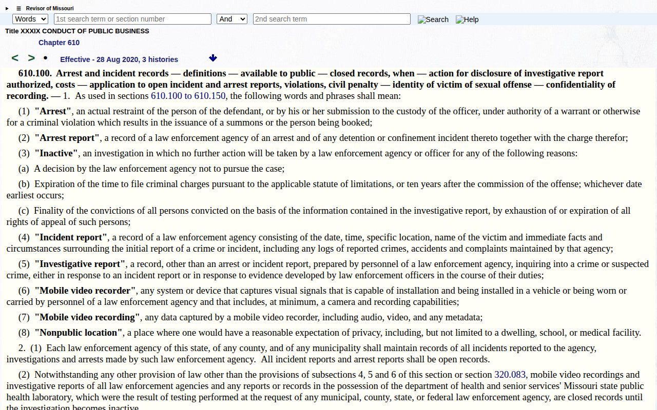Missouri arrest and detention record law